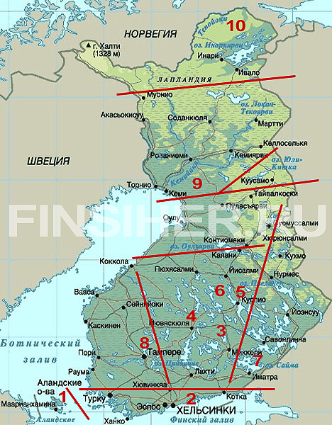 туристическая карта Финляндии - рыболовные зоны и места рыбалки